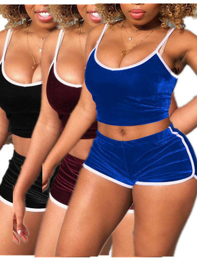 Velvet Side Striped Women's Crop Tank Top + Mini Shorts 2-Piece Set