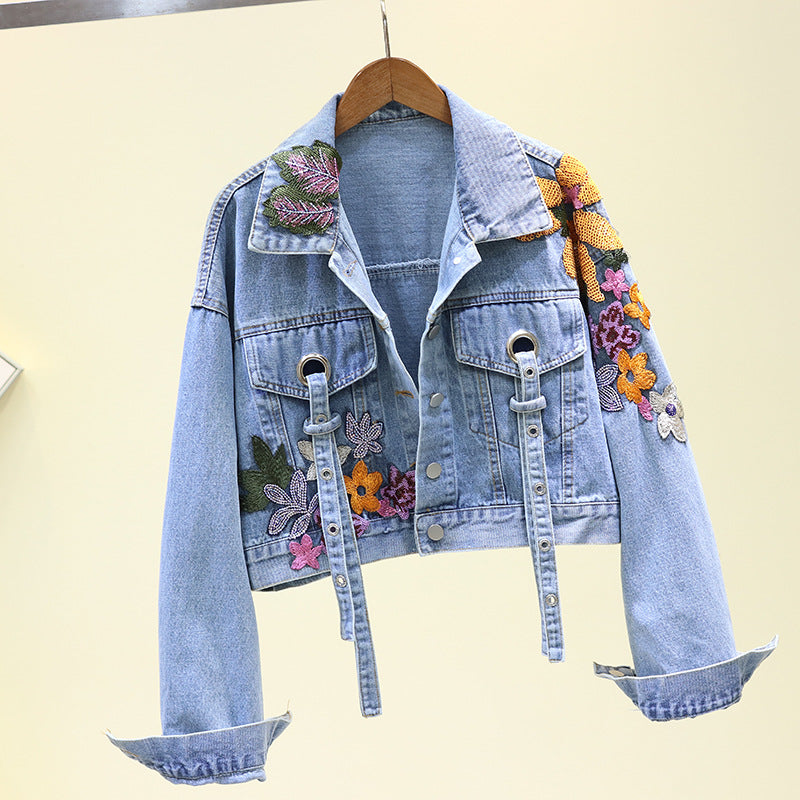 Denim Flower Embroidered Turn-Down Collar Women's Crop Jean Jacket