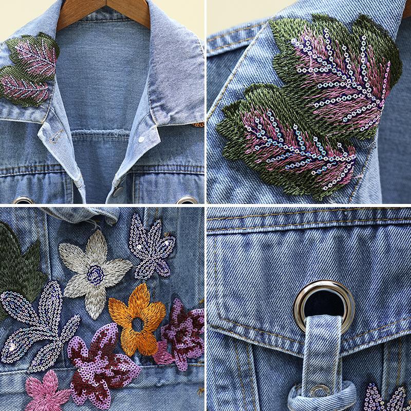 Denim Flower Embroidered Turn-Down Collar Women's Crop Jean Jacket