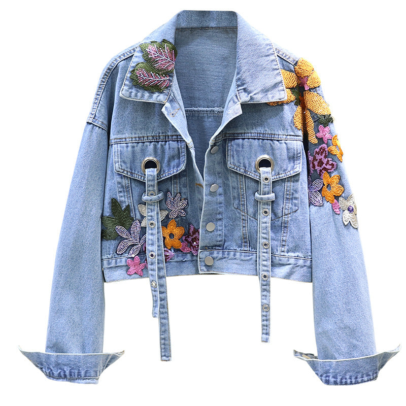 Denim Flower Embroidered Turn-Down Collar Women's Crop Jean Jacket