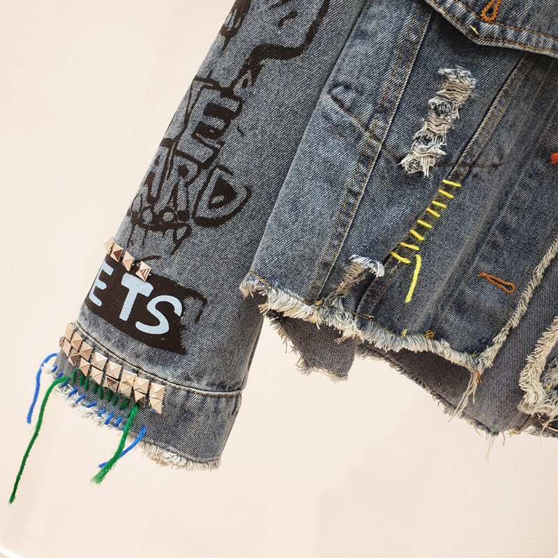 Denim Hip-Hop Rivet Graffiti Patchwork Fringe Design Women's Cropped Jean Jacket