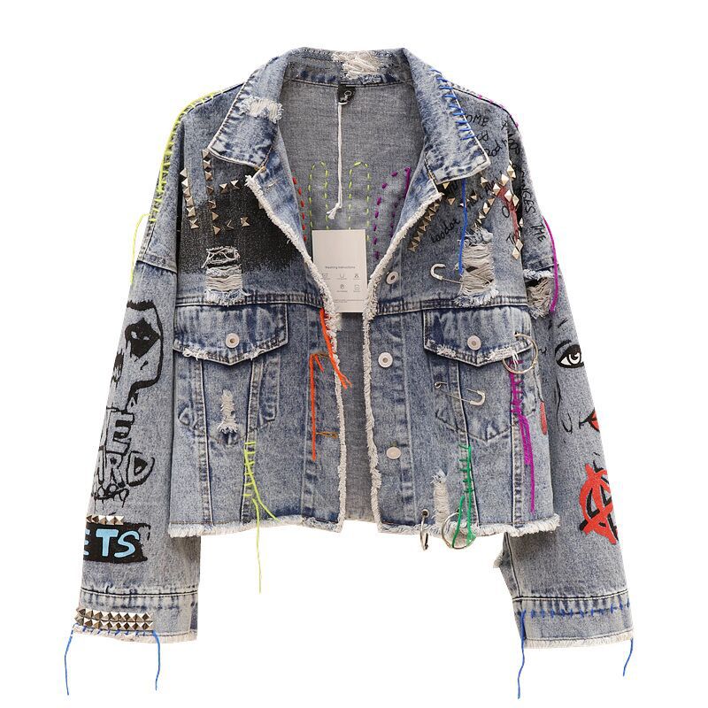 Denim Hip-Hop Rivet Graffiti Patchwork Fringe Design Women's Cropped Jean Jacket