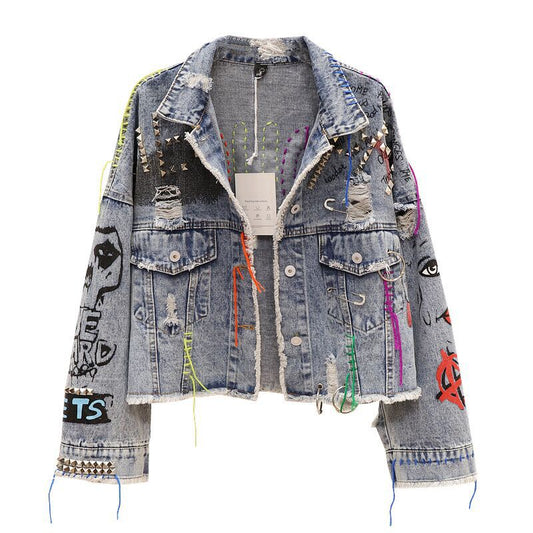 Denim Hip-Hop Rivet Graffiti Patchwork Fringe Design Women's Cropped Jean Jacket