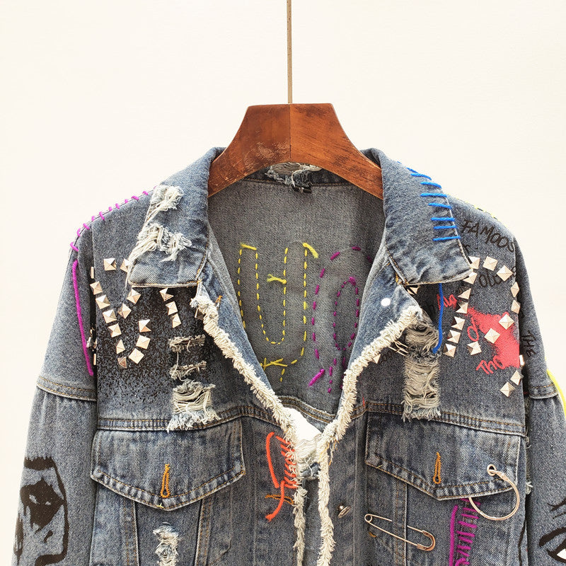 Denim Hip-Hop Rivet Graffiti Patchwork Fringe Design Women's Cropped Jean Jacket