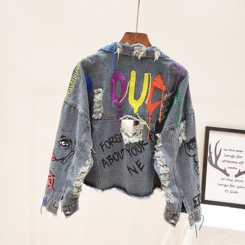 Denim Hip-Hop Rivet Graffiti Patchwork Fringe Design Women's Cropped Jean Jacket