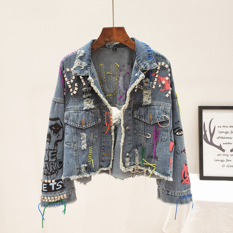 Denim Hip-Hop Rivet Graffiti Patchwork Fringe Design Women's Cropped Jean Jacket