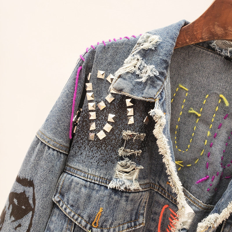 Denim Hip-Hop Rivet Graffiti Patchwork Fringe Design Women's Cropped Jean Jacket
