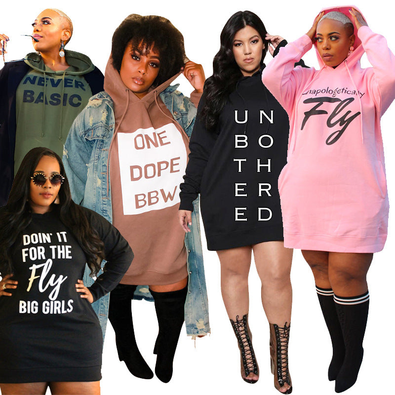 Assorted Hip-Hop Letter Print Long Sleeve Hoodie Sweatshirt Mini Dress to 5X Plus Size