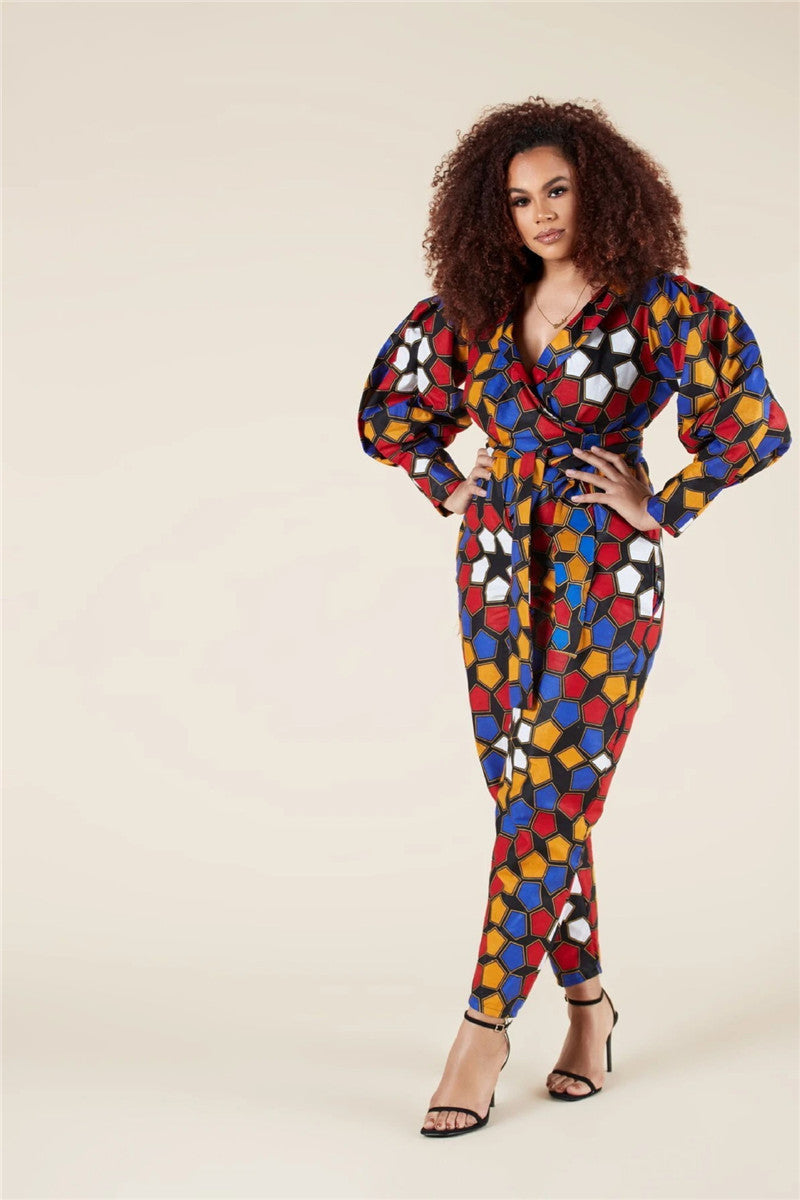African Geometric Print Long Balloon Sleeve V-Neck Women's Jumpsuit