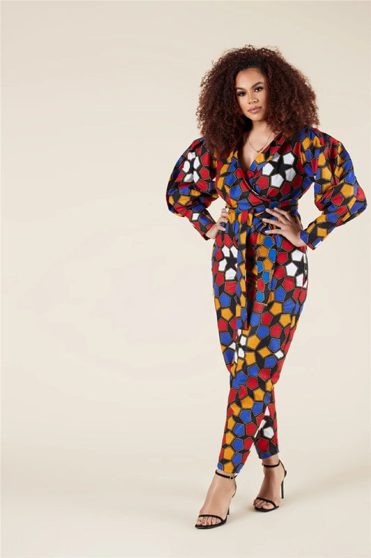 African Geometric Print Long Balloon Sleeve V-Neck Women's Jumpsuit