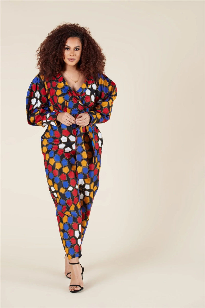 African Geometric Print Long Balloon Sleeve V-Neck Women's Jumpsuit