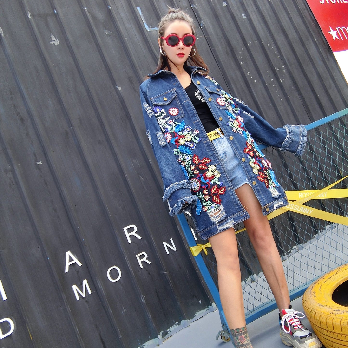 Denim Flower Embroidered Patchwork Design Long Sleeve Women's Jean Jacket
