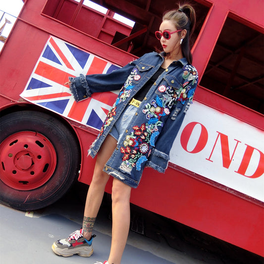 Denim Flower Embroidered Patchwork Design Long Sleeve Women's Jean Jacket