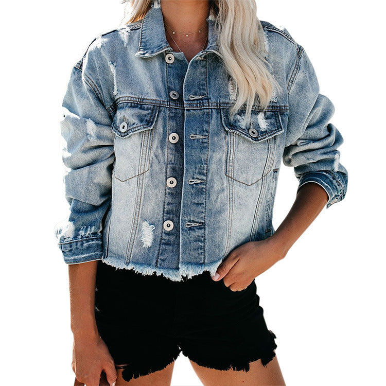 Denim Gradient Washed Ripped Hem Jean Women's Jacket