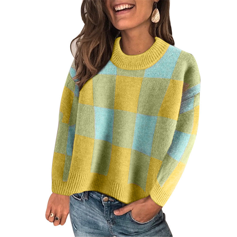 Colorblock Plaid Loose Long-sleeved Pullover Rabbit Fur Sweater