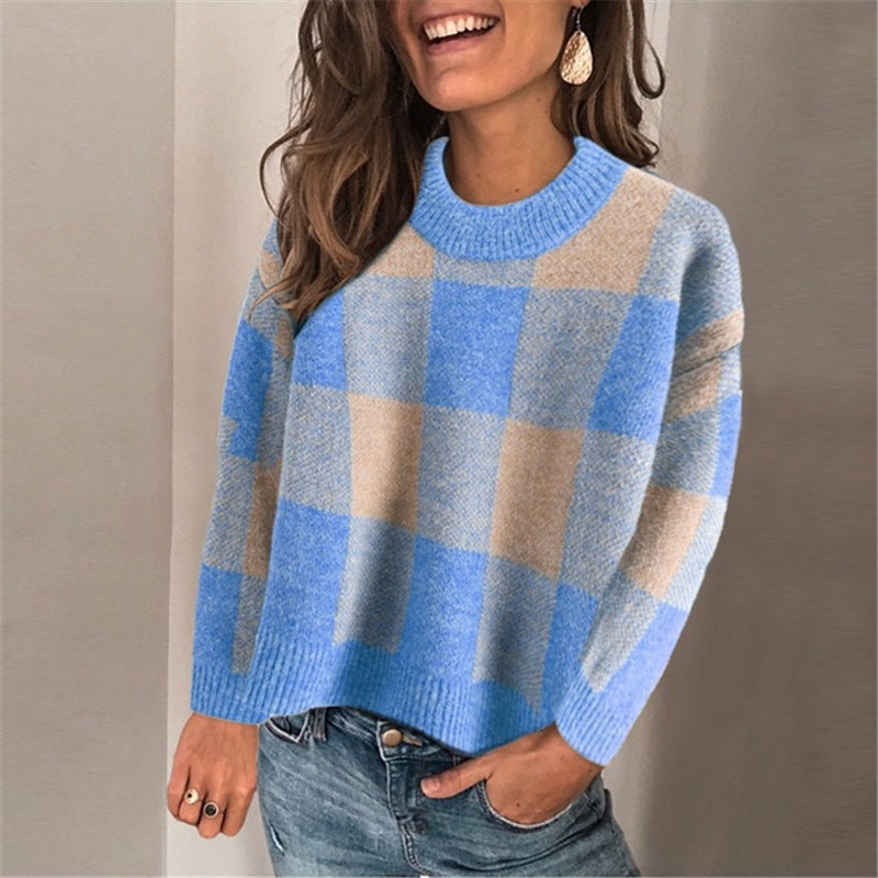 Colorblock Plaid Loose Long-sleeved Pullover Rabbit Fur Sweater