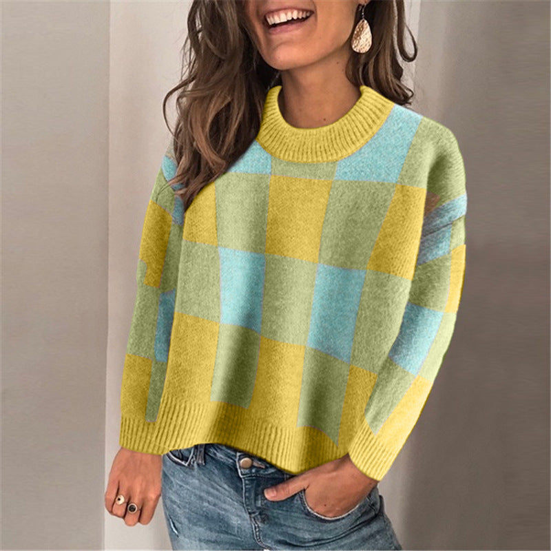 Colorblock Plaid Loose Long-sleeved Pullover Rabbit Fur Sweater