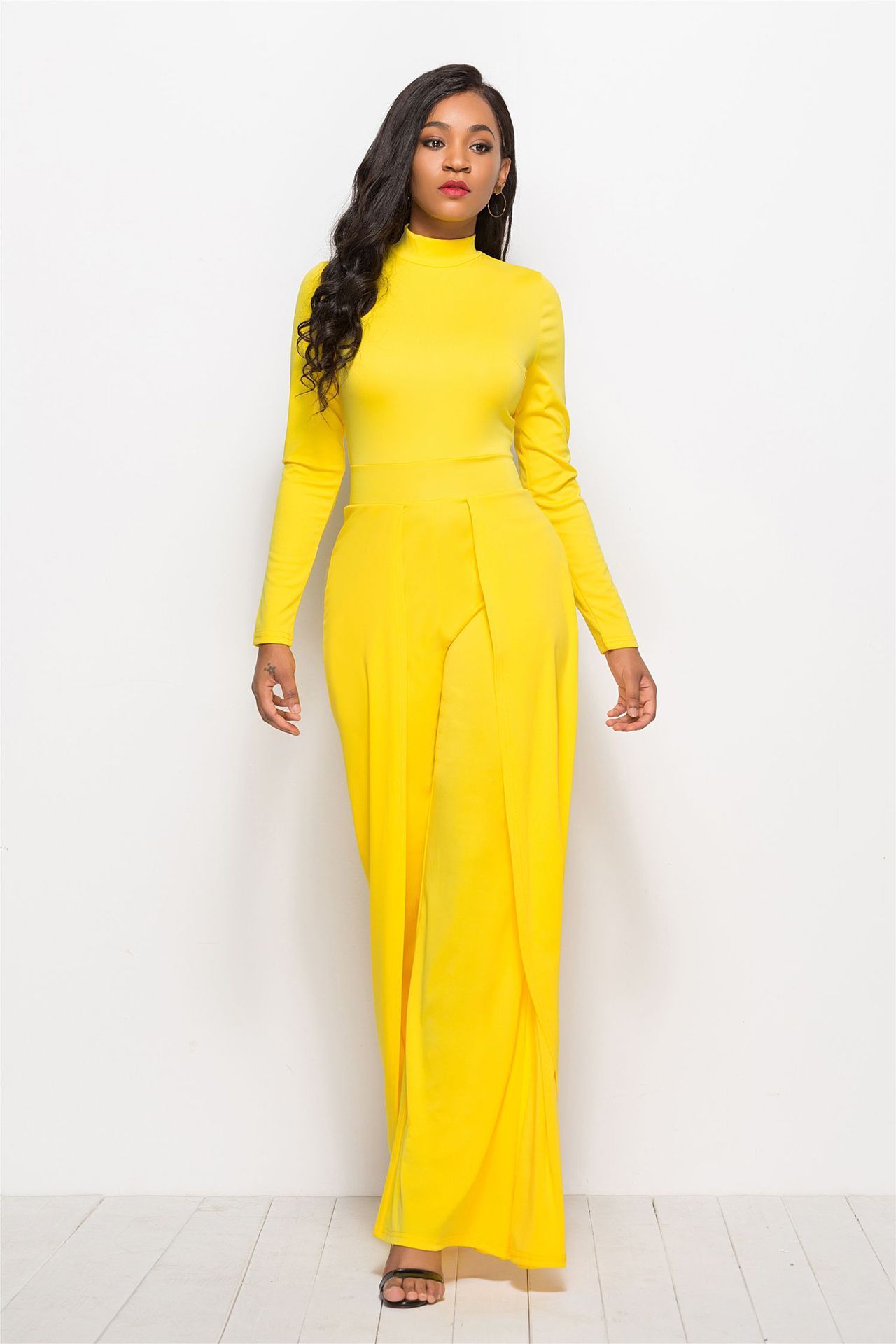 O-Neck Solid Color Long Sleeve Women's Wide Leg Jumpsuit