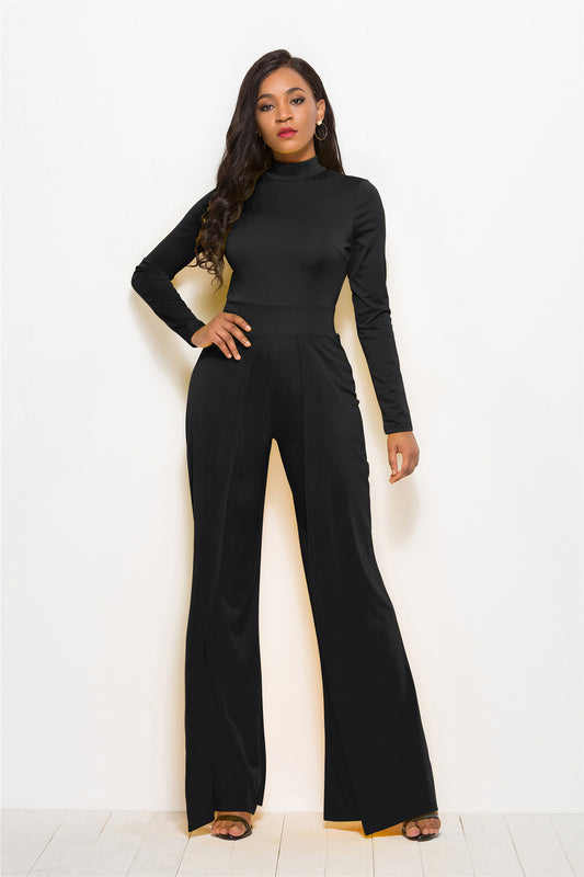 O-Neck Solid Color Long Sleeve Women's Wide Leg Jumpsuit