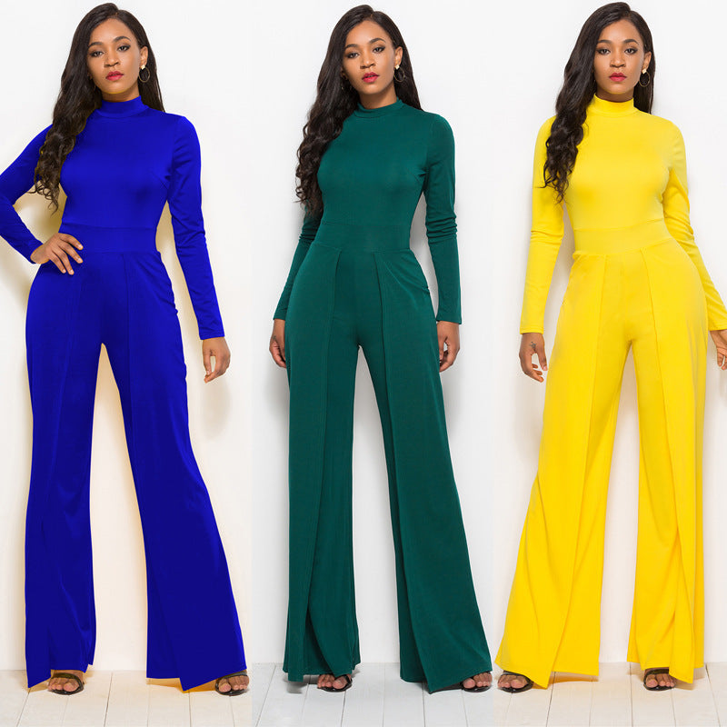 O-Neck Solid Color Long Sleeve Women's Wide Leg Jumpsuit