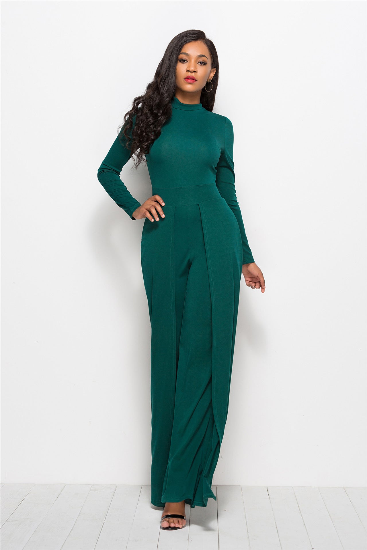 O-Neck Solid Color Long Sleeve Women's Wide Leg Jumpsuit