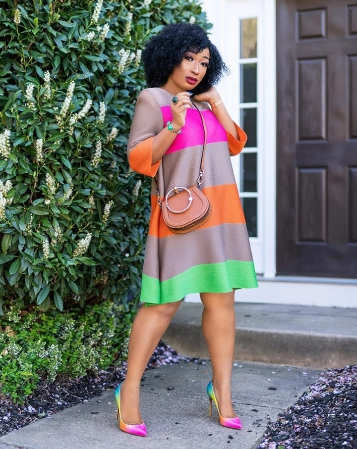 Pastel Rainbow Striped 1/2 Sleeve O-Neck Casual Midi Dress