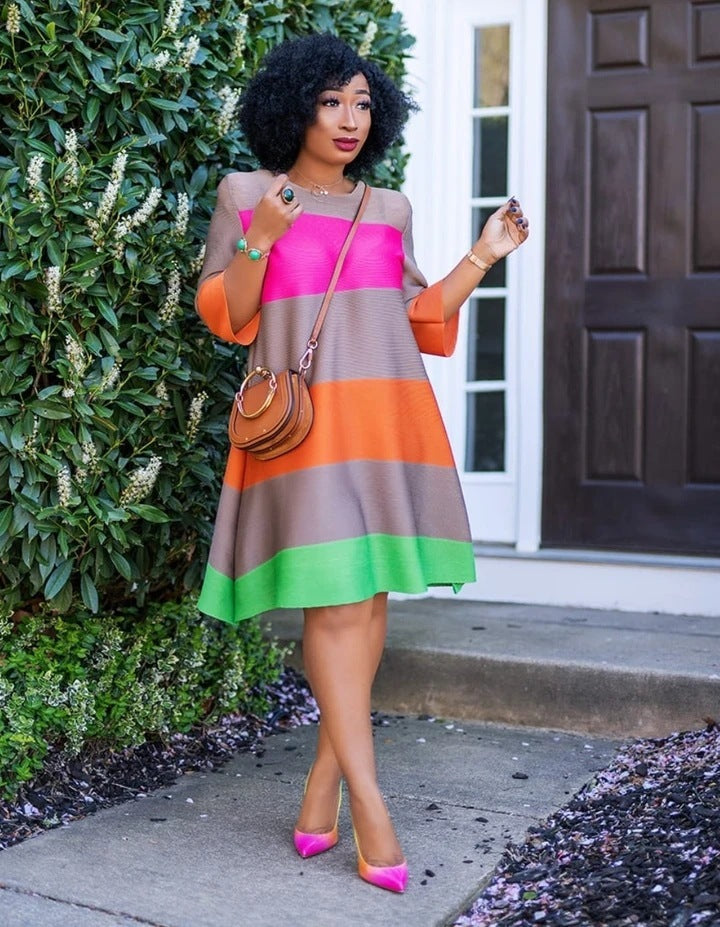 Pastel Rainbow Striped 1/2 Sleeve O-Neck Casual Midi Dress