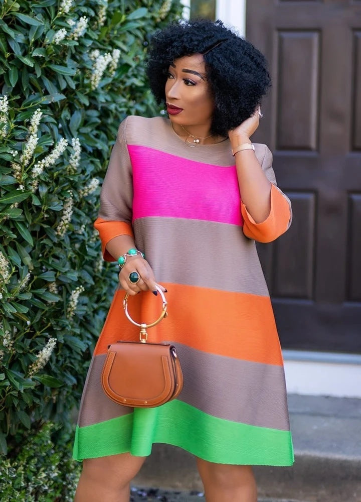 Pastel Rainbow Striped 1/2 Sleeve O-Neck Casual Midi Dress