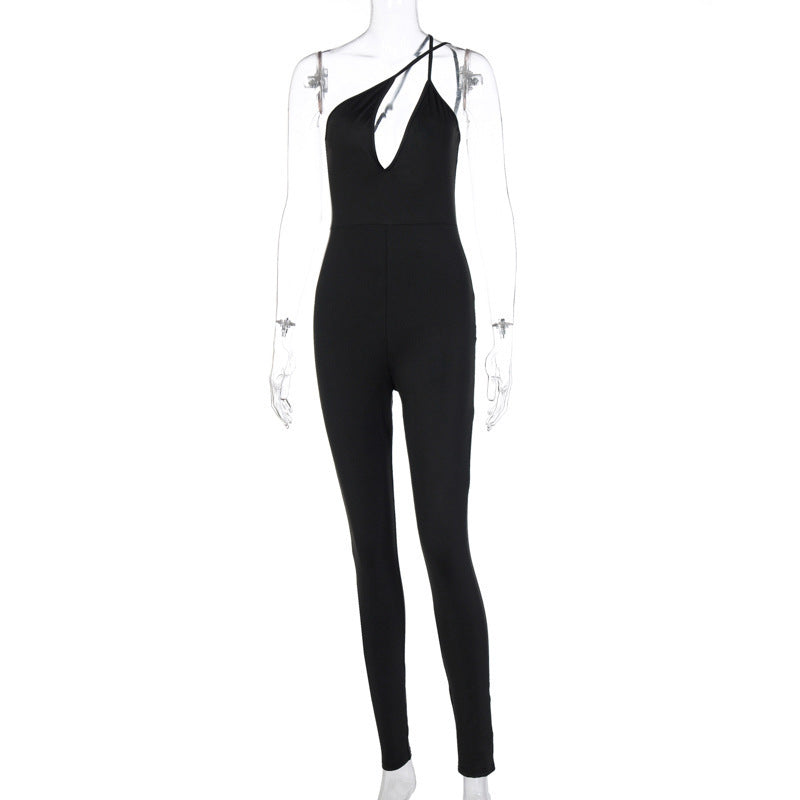 One Shoulder Irregular V-Neck Solid Color Asymmetrical Hip Lift Women's Skinny Jumpsuit