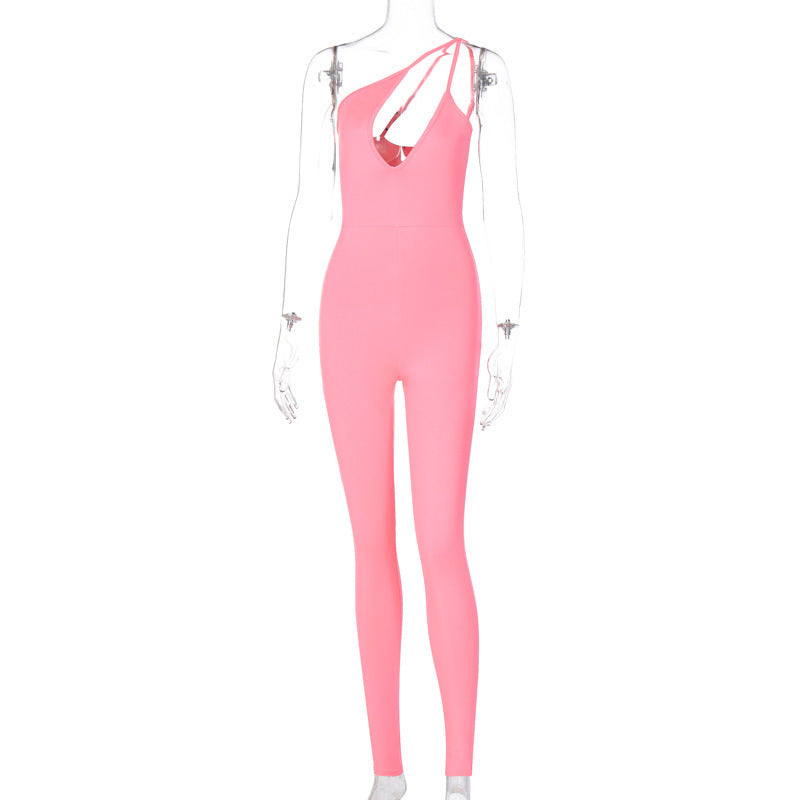 One Shoulder Irregular V-Neck Solid Color Asymmetrical Hip Lift Women's Skinny Jumpsuit