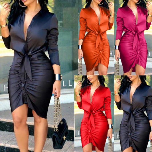 Satin Ruched Solid Color Lace-Up Long Sleeve Midi Shirt Dress w/ Sash Belt