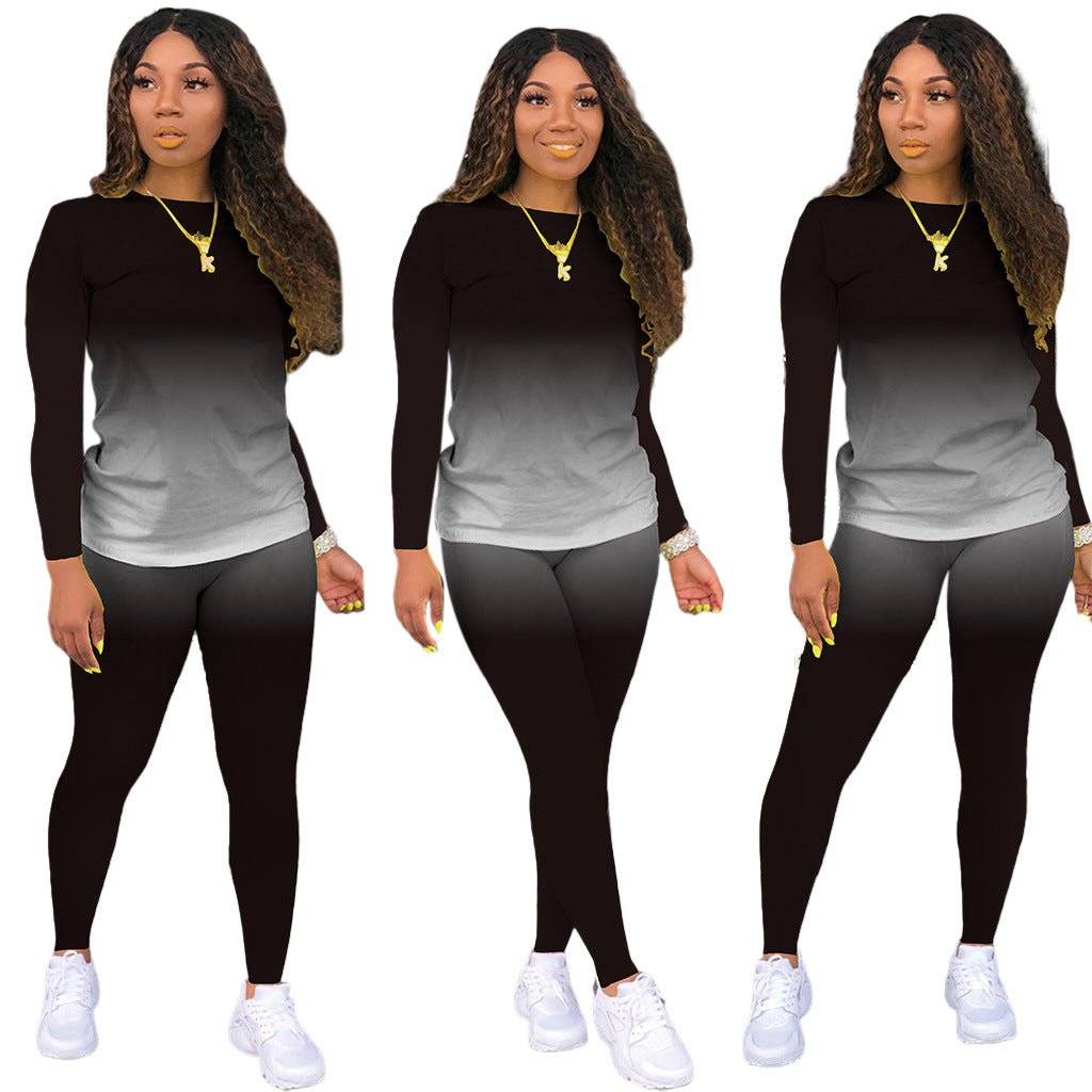 Gradient Colorblock O-Neck Long Sleeve Women's Top + Leggings 2-Piece Set