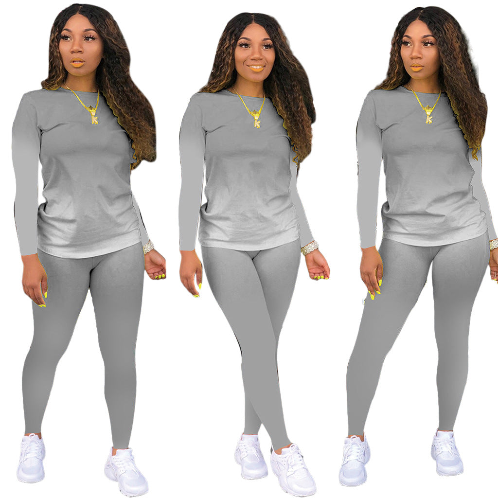 Gradient Colorblock O-Neck Long Sleeve Women's Top + Leggings 2-Piece Set