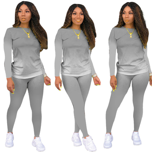 Gradient Colorblock O-Neck Long Sleeve Women's Top + Leggings 2-Piece Set