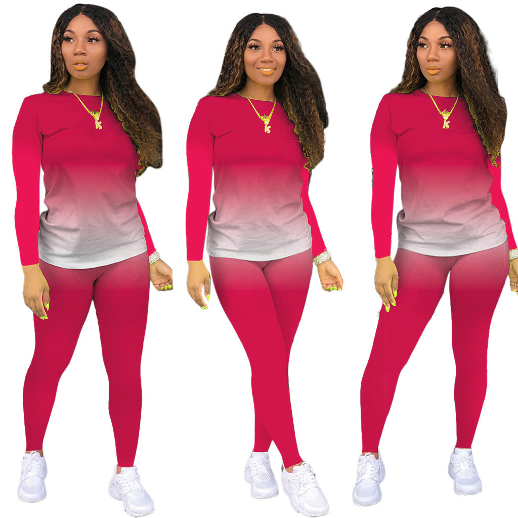Gradient Colorblock O-Neck Long Sleeve Women's Top + Leggings 2-Piece Set