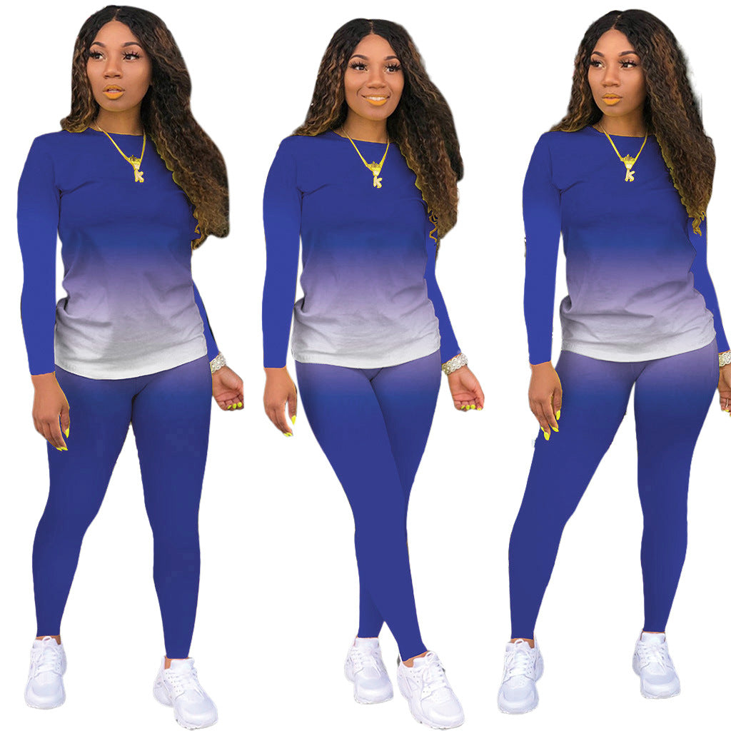 Gradient Colorblock O-Neck Long Sleeve Women's Top + Leggings 2-Piece Set