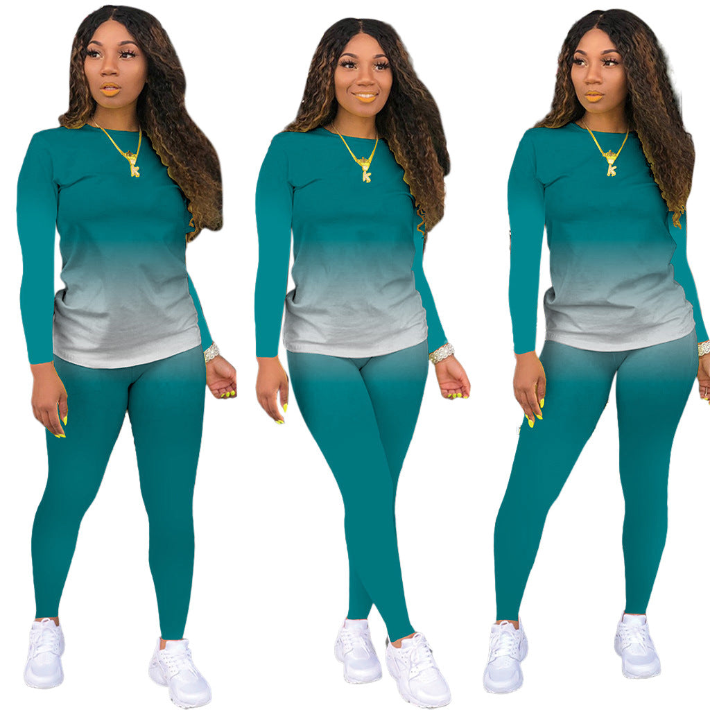 Gradient Colorblock O-Neck Long Sleeve Women's Top + Leggings 2-Piece Set