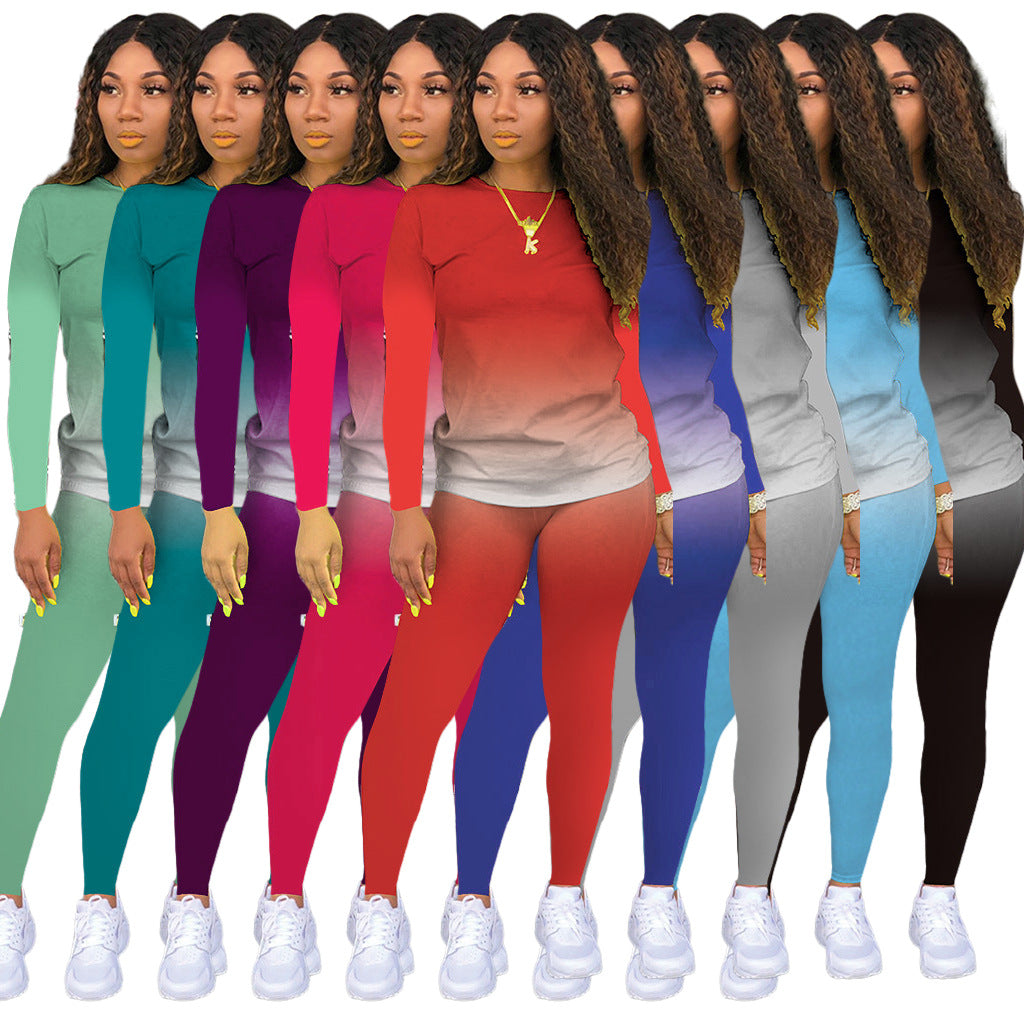 Gradient Colorblock O-Neck Long Sleeve Women's Top + Leggings 2-Piece Set