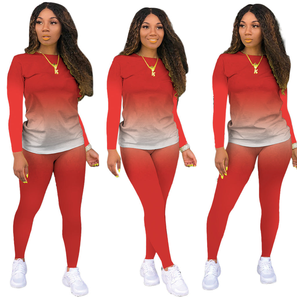 Gradient Colorblock O-Neck Long Sleeve Women's Top + Leggings 2-Piece Set
