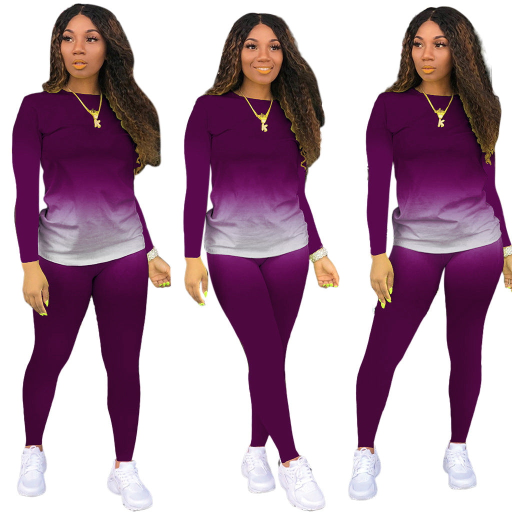 Gradient Colorblock O-Neck Long Sleeve Women's Top + Leggings 2-Piece Set