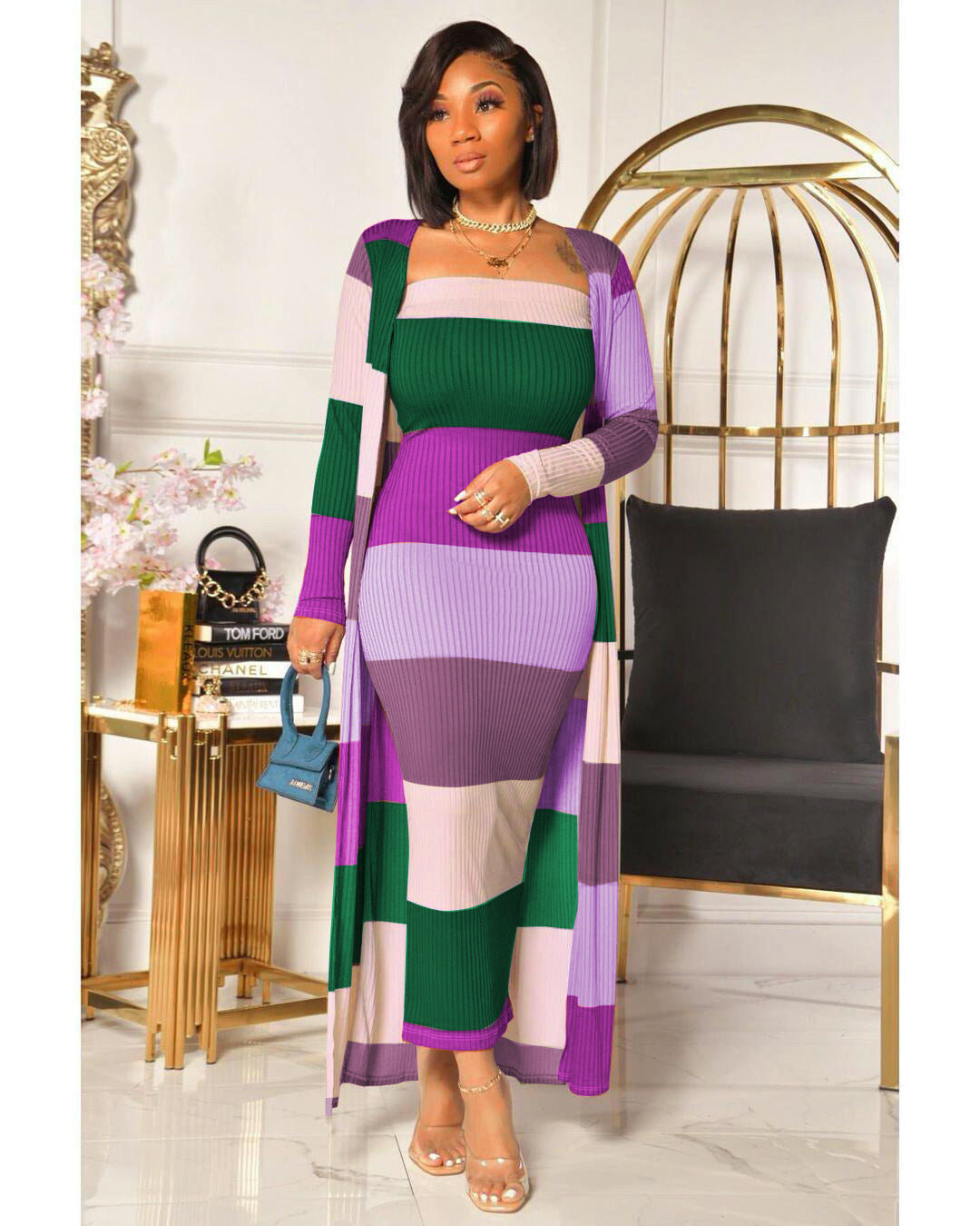 Ribbed Colorblock Striped Women's Maxi Cardigan + Strapless Tube Maxi Dress 2-Piece Set
