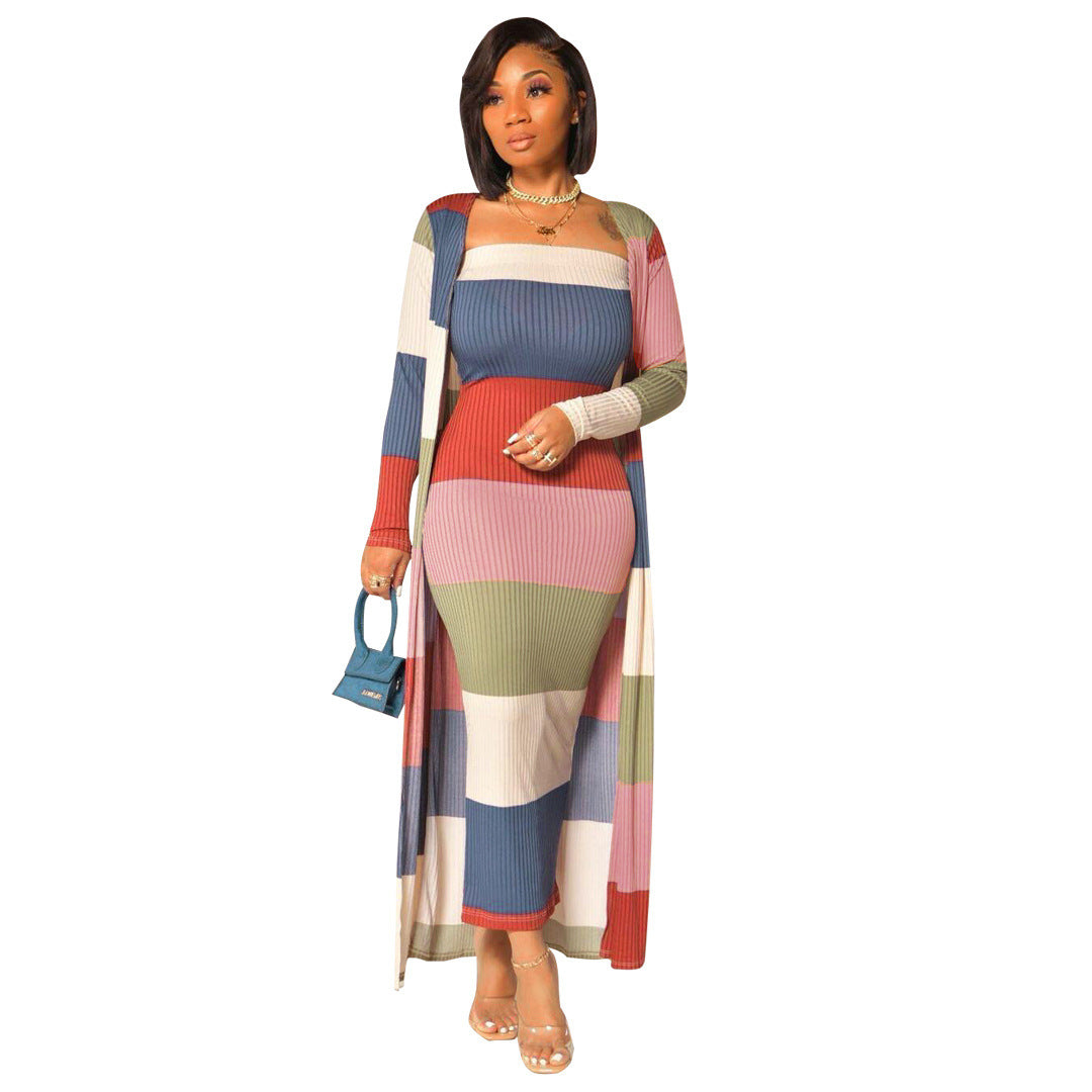 Ribbed Colorblock Striped Women's Maxi Cardigan + Strapless Tube Maxi Dress 2-Piece Set
