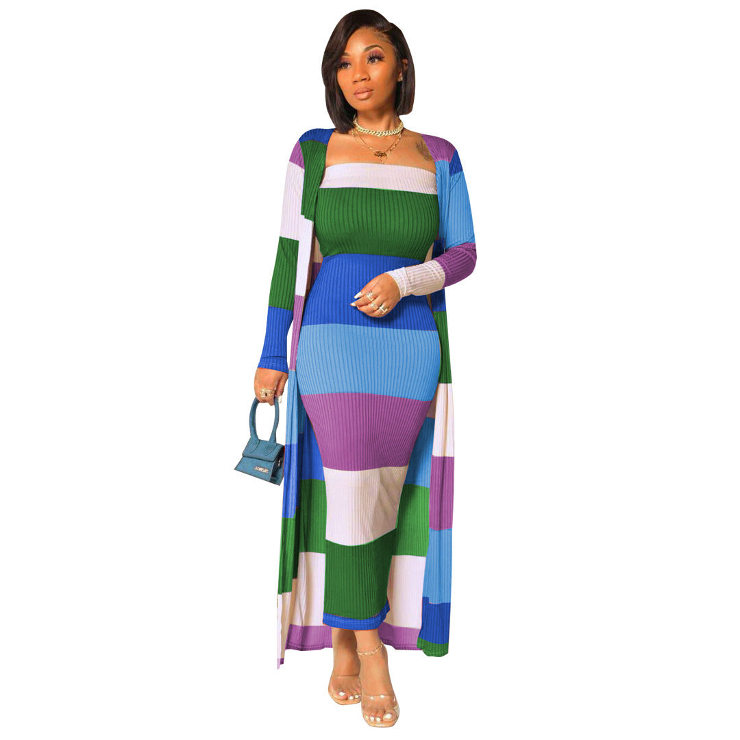 Ribbed Colorblock Striped Women's Maxi Cardigan + Strapless Tube Maxi Dress 2-Piece Set