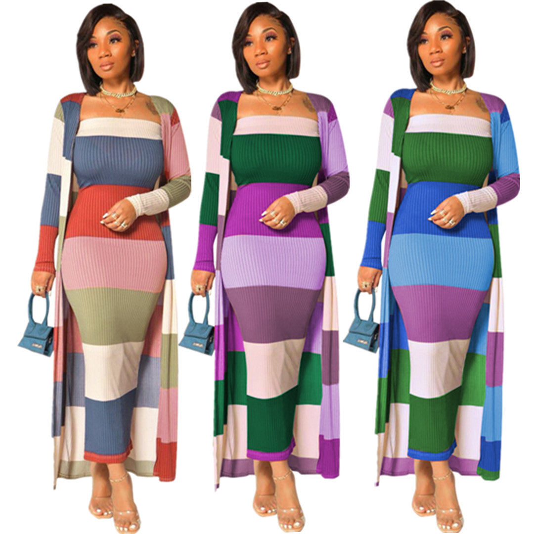 Ribbed Colorblock Striped Women's Maxi Cardigan + Strapless Tube Maxi Dress 2-Piece Set
