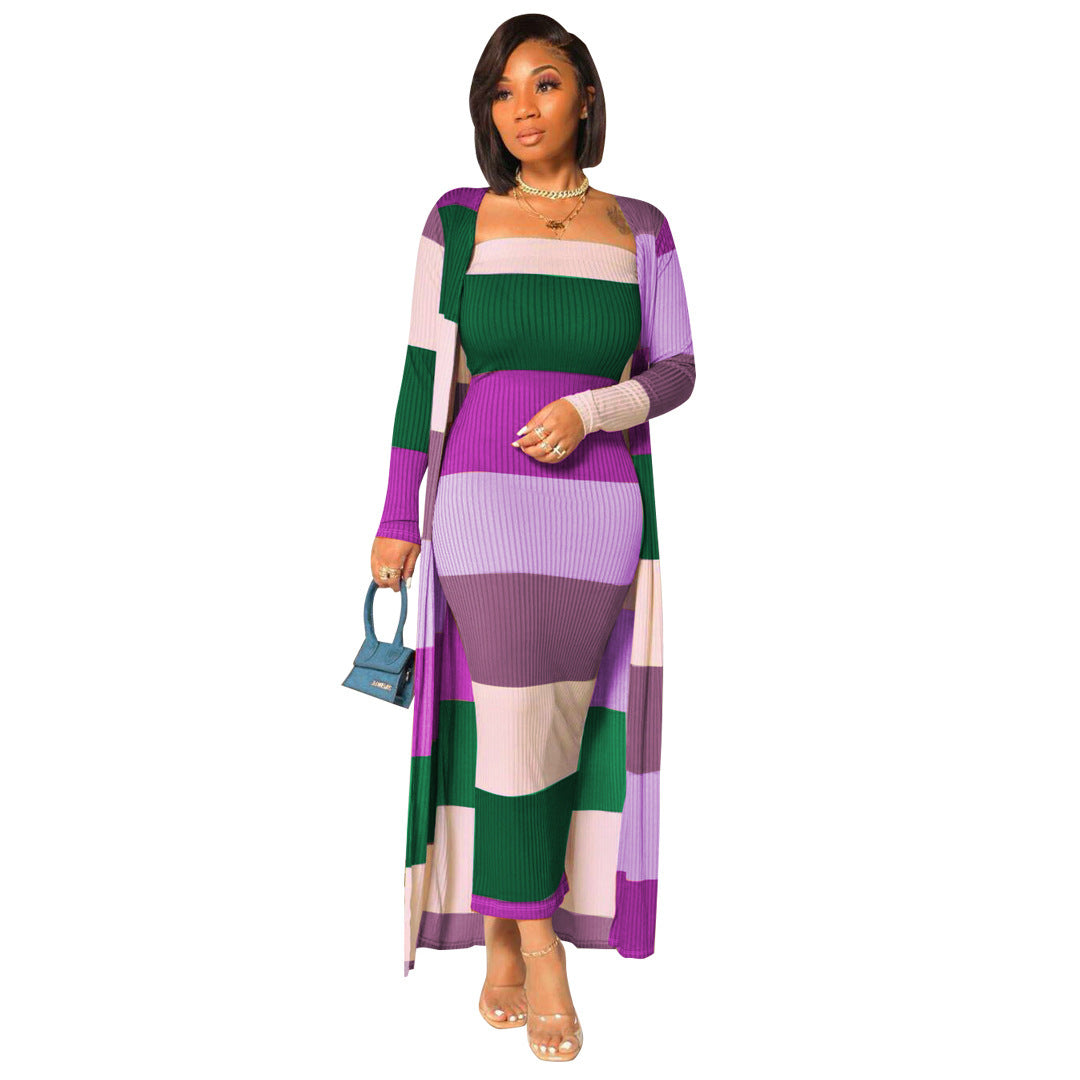 Ribbed Colorblock Striped Women's Maxi Cardigan + Strapless Tube Maxi Dress 2-Piece Set