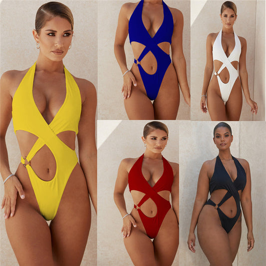Criss-Cross V-Neck Women's Hollow-Out One-Piece Solid Color Swimsuit