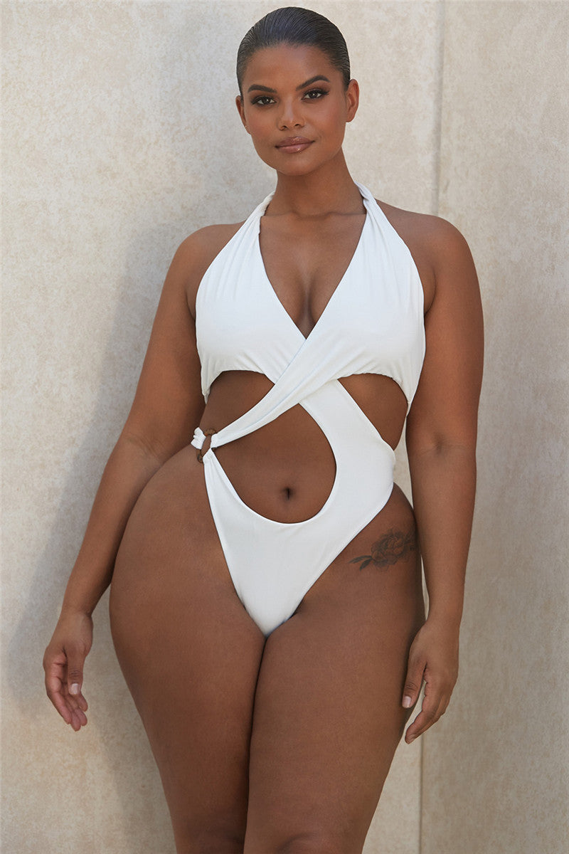 Criss-Cross V-Neck Women's Hollow-Out One-Piece Solid Color Swimsuit