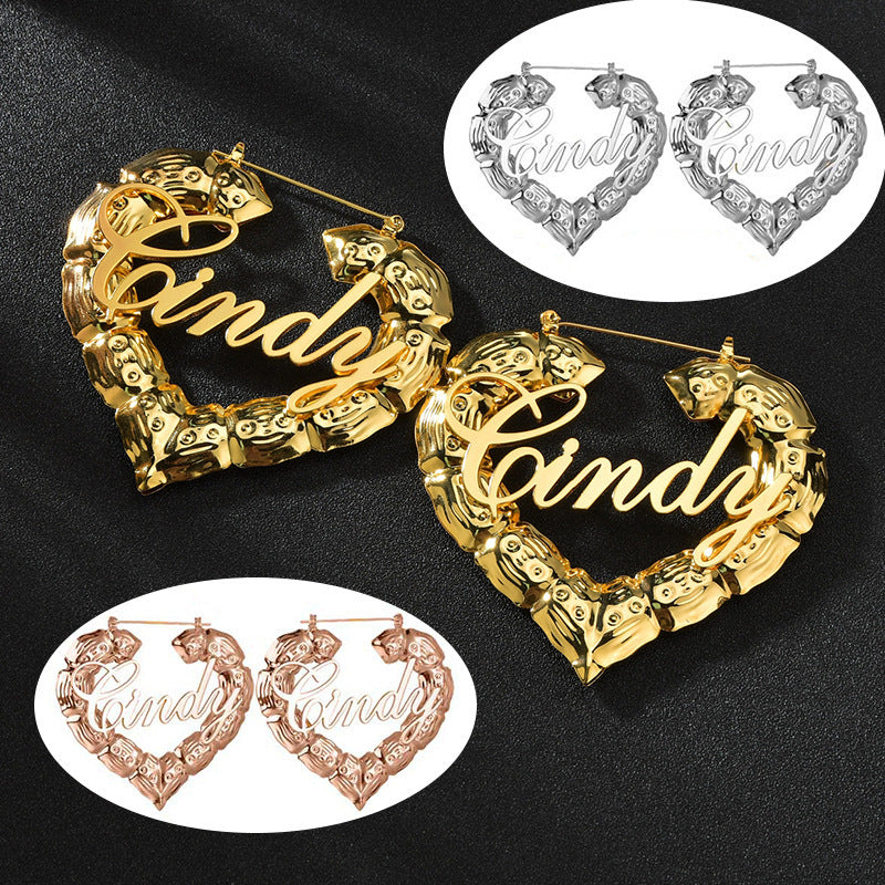 Personalized Customized Bamboo Hoop Nameplate Letter Print Dangle Earrings