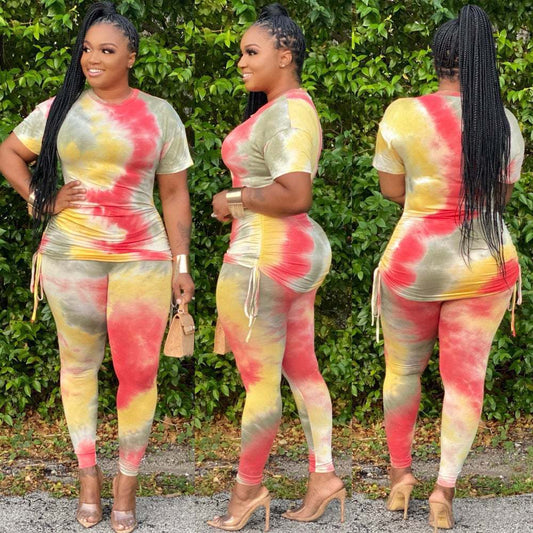 Tie-Dye Print O-Neck Short-Sleeve T-Shirt + Matching Leggings Women's 2-Piece Set to 3X Plus Size