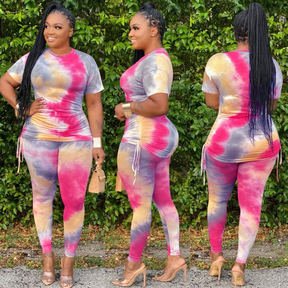 Tie-Dye Print O-Neck Short-Sleeve T-Shirt + Matching Leggings Women's 2-Piece Set to 3X Plus Size